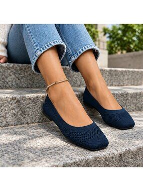 Square Toe Mesh Knit Ballet Flats Minimalist Slip-On Breathable Casual Shoes